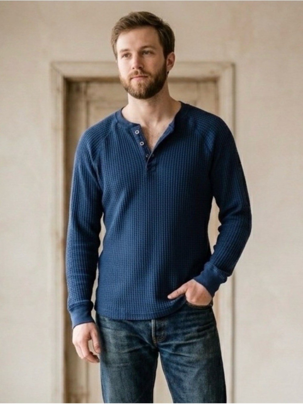 NWOT American Giant Men's Long Sleeve Henley in Navy waffle print
